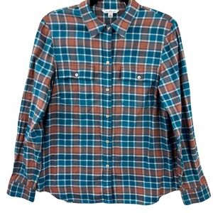 L.L. Bean Signature Flannel Shirt Womens 12 Teal Orange‎ Plaid Cotton Gorpcore